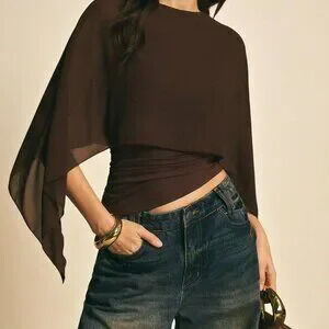 Brown Casual Elegant Women's Shawl Collar Batwing Sleeve Top